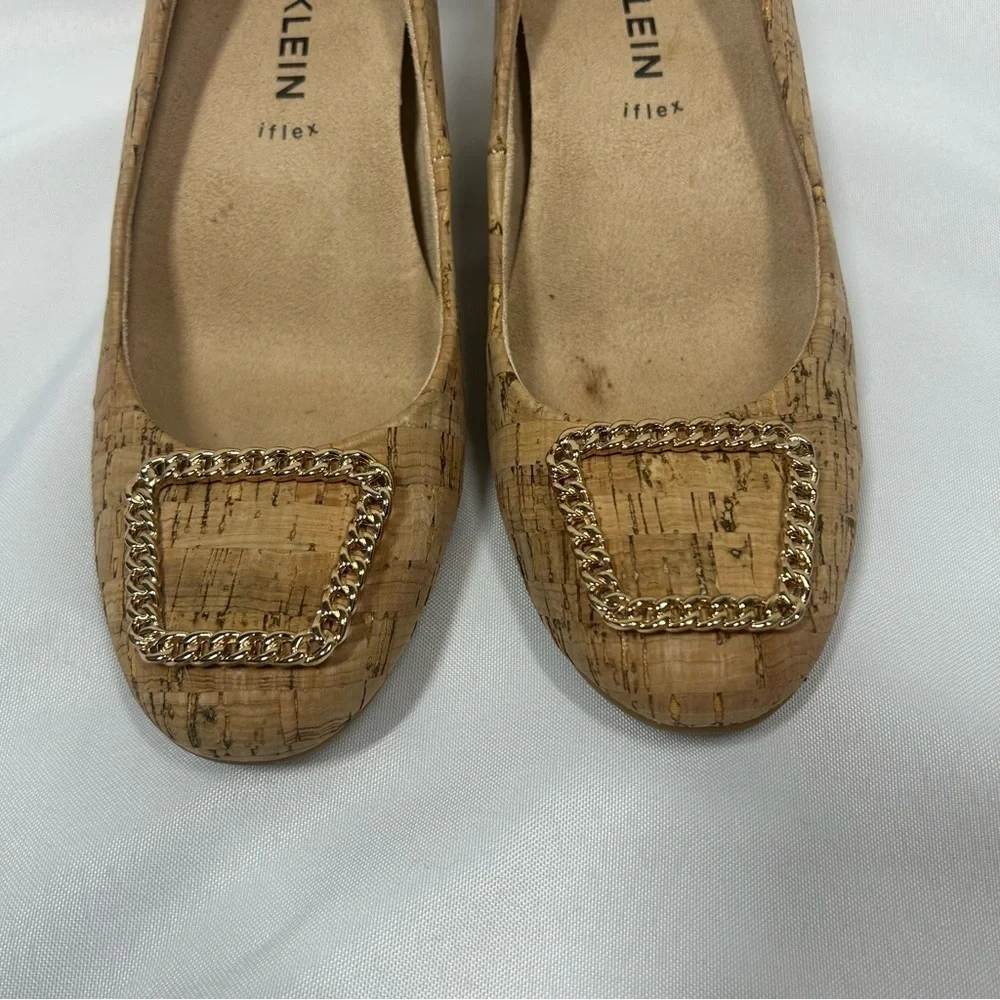 Anne Klein | Shantell iFlex Cork Wedges Gold Chain Heels Tan Women’s Size 7.5